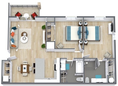 Floor plan for 2 beds, 2 baths, 960 sqft